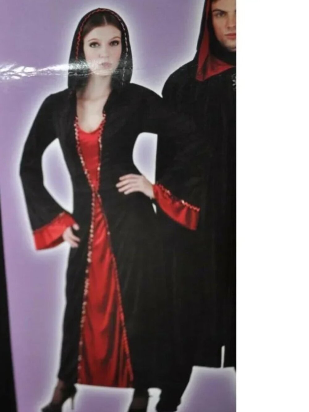 Sorceress Sultry Halloween Costume Hooded Black Red Velvet Dress Party Women OS